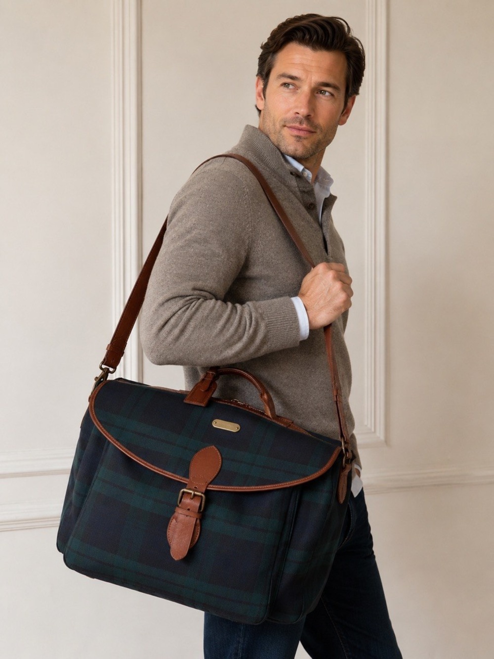 Polo by Ralph Lauren Plaid Travel Weekender Duffle Bag with Brown Leather Trim